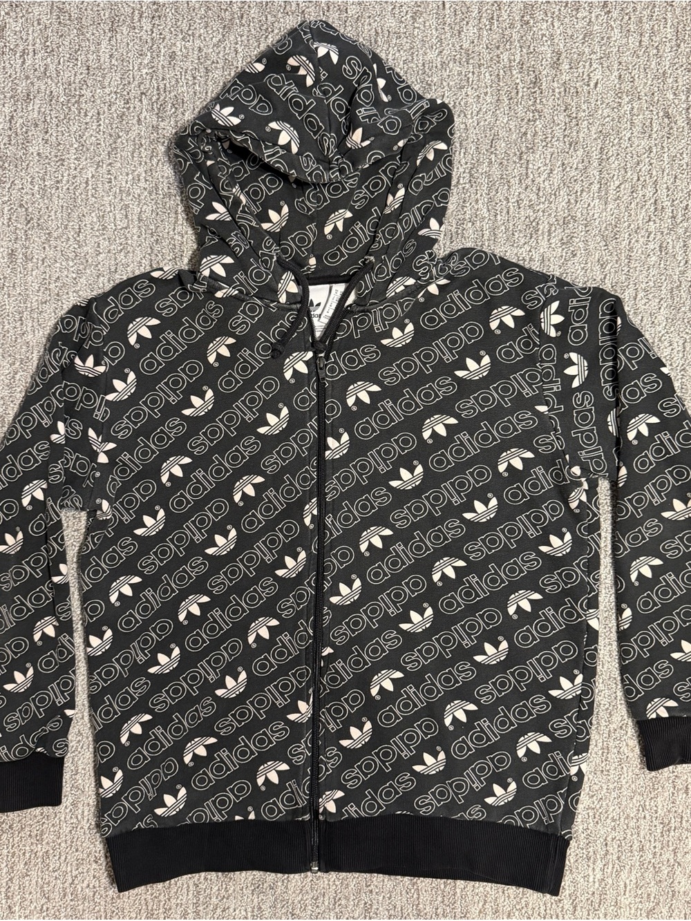adidas 3 Stripes Men’s Black Allover Logo Zip Hoodie Activewear Sportswear